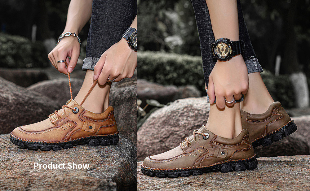 Men's Casual Shoes Summer Outdoor Shoes Tooling Shoes Handmade Leather Stitching Men's Large Size - Golden 40