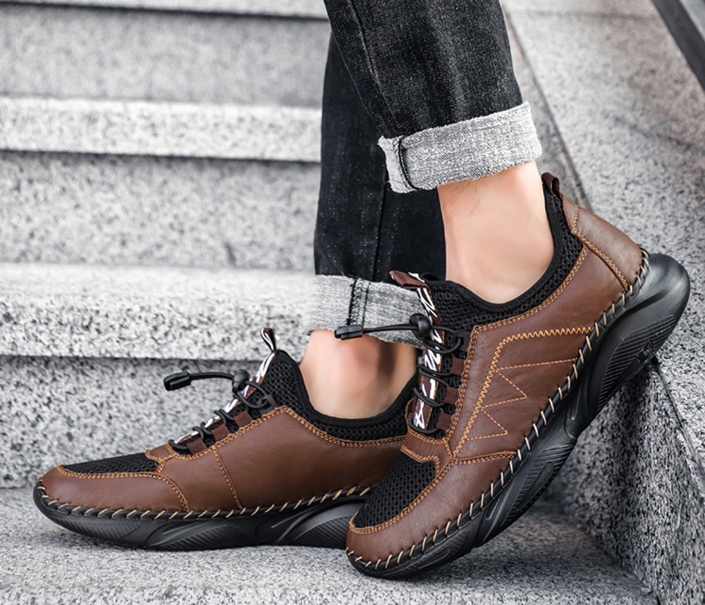 Men Comfortable Leather Shoes Cowhide Outdoor Footwear Lazy Super Light Large Size Casual Footwear - Light Brown EU 46