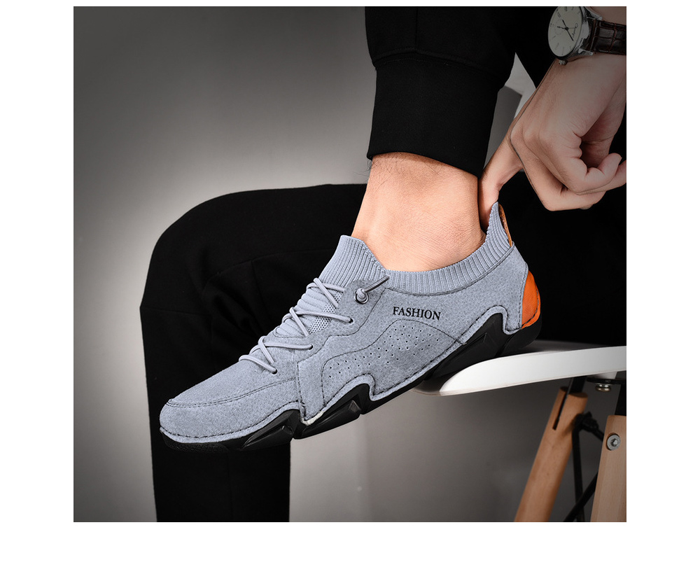Men Pigskin Materials Casual Flat Shoes Outdoor Tide All-match Peas Shoes Large Size Soft Bottom Breathable Footwear - Gray EU 47